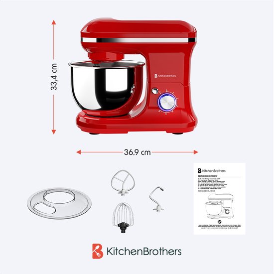 KitchenBrothers - Küchenmaschine - Küchenroboter - 5L - Küchenmixer - 1200W - Rot