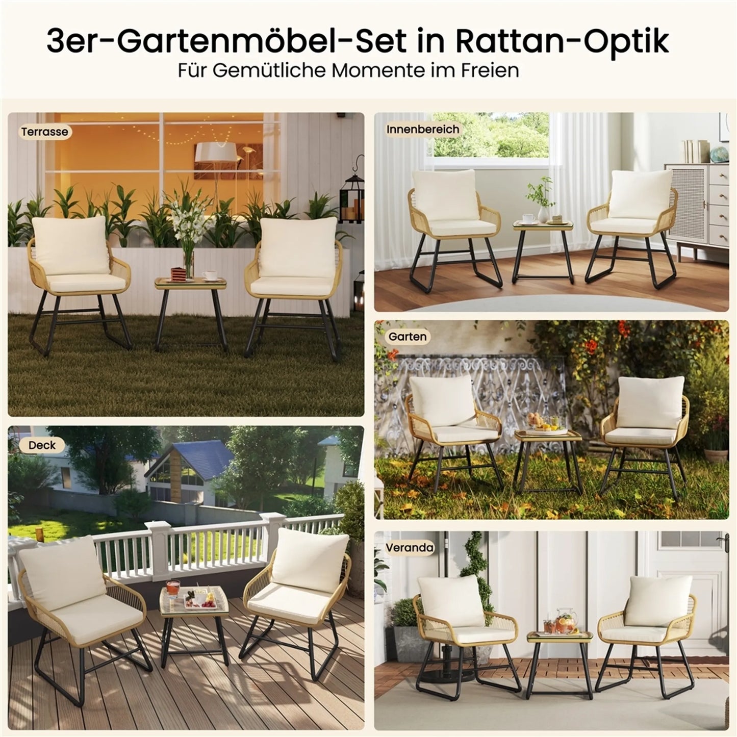 Yaheetech Bistro Set Garten Set 3-tlg. - 61 x 65 x 76 cm - Mit handgeflochtenem PE-Rattan und Glastischplatte sowie Sitz und Dekokissen - Für Balkon und Terrasse - Hellbraun und Metall