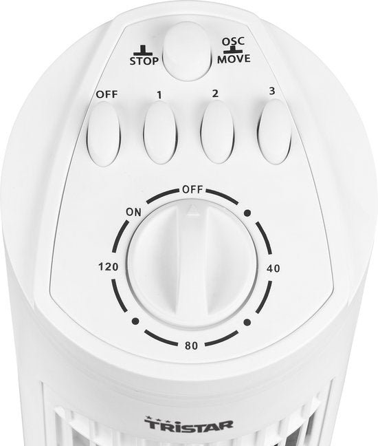 Turmventilator 76 cm – 3 Geschwindigkeitsstufen – Schwenkbar – Timer-Funktion – Kompakt & stilvoll – Tristar VE-5864 – Weiß