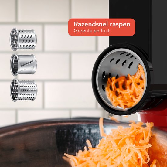KitchenBrothers Küchenmaschine - 6-in-1 Küchenroboter - 1500W - mit Fleischwolf, Mixer und 15 Zubehörteilen - 6,2L Schüssel aus Edelstahl - Rot
