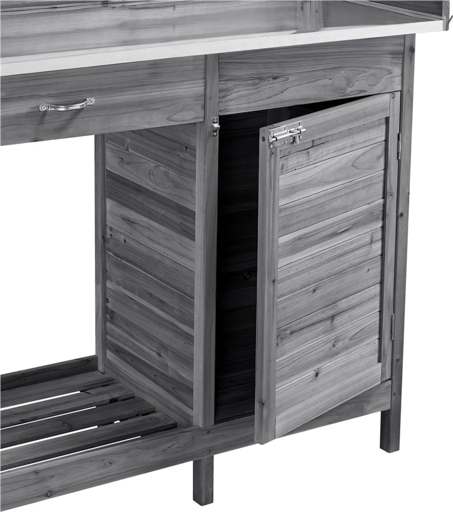 Yaheetech Blumentisch Gartentisch - 101 x 46,5 x 125 cm - Ausgestattet mit verzinkter Metallarbeitsplatte und 3 Seitenhaken und abnehmbaren Seitenwänden - Für Garten und Balkon - Graue Fichte und Metall