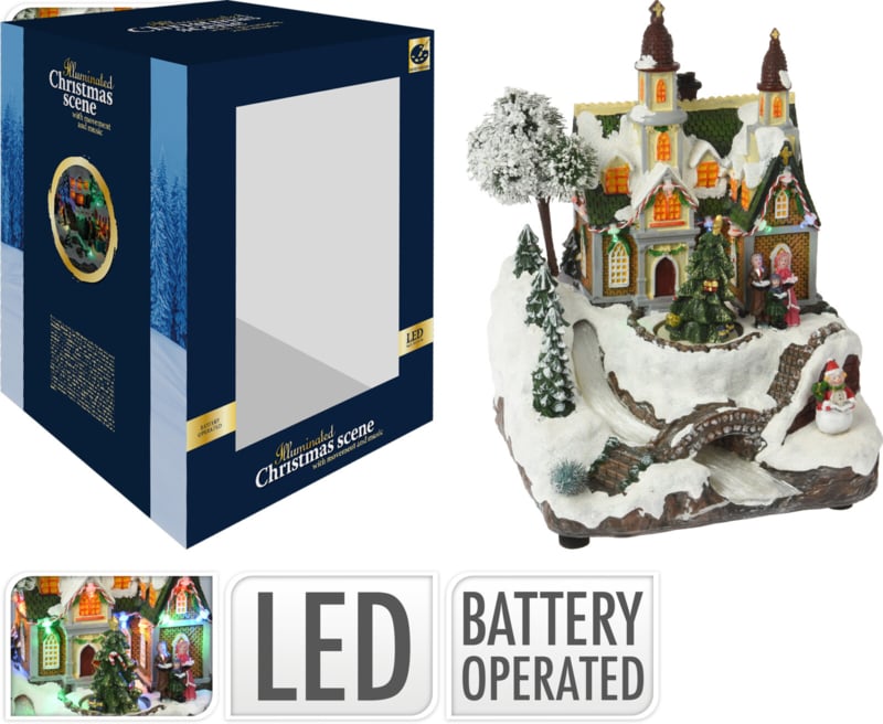 Weihnachtsszene Kirche mit faseroptischem Fluss - mehrfarbig - 19 x 18 x 25 cm - LED-Lichter, Musik & Bewegung