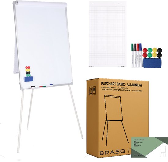 BRASQ Flipchart - 70x100cm - Verstellbares Whiteboard - Inklusive 25 Blatt Papier, 4 Marker, 8 Magnete, Radiergummi - Magnettafel mit Haken - Magnettafel - Aluminium