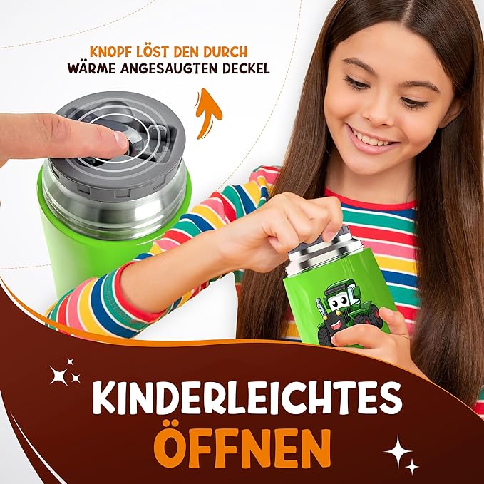 Funkelfuchs® Thermobecher für Kinderkost - 500ml, grüner Abzug - 100% auslaufsicher - Essenswärmer aus Edelstahl - Thermobecher Essen - Thermo-Lunchbox Kinder - Babykostwärmer