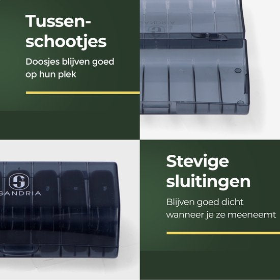 Gandria Pillendose 7 Tage - Herausnehmbare Pillendose - Medizinbox mit 14 Fächern - Medizinbox mit stabilem Verschluss - 2 Fächer pro Tag - Schwarz