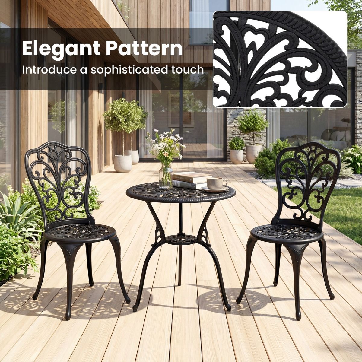 Coast 3-teiliges Bistro-Set – Aluminiumguss – Sonnenschirmloch – Rückenlehnen in Schmetterlingsform – schwarz