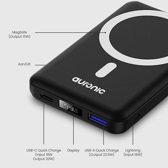 Auronic Powerbank - 10.000 mAh - 22,5W - iPhone 12/13/14/15 Schnellladegerät - Magnetisches und drahtloses Laden - Schwarz