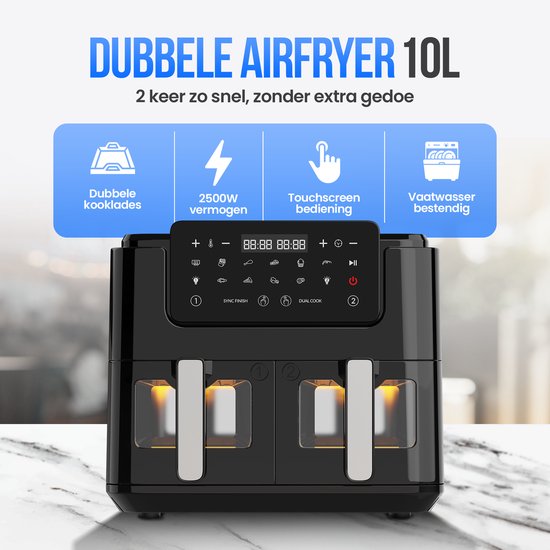 Strex Airfryer XXL - 10L - 2500W - Heißluftfritteuse - Double Airfryer - 50ºC bis 200ºC - 10 Kochprogramme - Schwarz