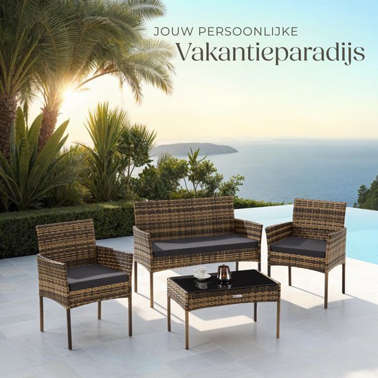 tectake® - Geflecht-Gartenset Palese - Sitzgruppe für 4 Personen - Gartenmöbelset mit Loungebank, Gartentisch und 2 Gartenstühlen inklusive Sitzkissen - Gartenmöbel - Wasserfest - Grau
