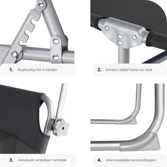 Tectake - Sonnenliege - Stahlgestell mit Schiebedach - robust, 4-fach verstellbare Rückenlehne inklusive Kissen - Ideal für Garten, Pool, Camping - Schwarz