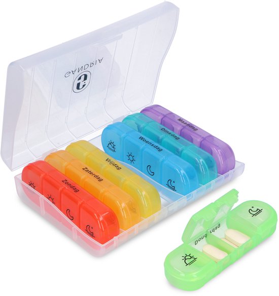 Gandria Pillenbox 7 Tage - Herausnehmbare Pillenbox - Medizinbox mit 28 Fächern - Medizinbox mit stabilem Verschluss - 4 Fächer pro Tag - 7 Farben