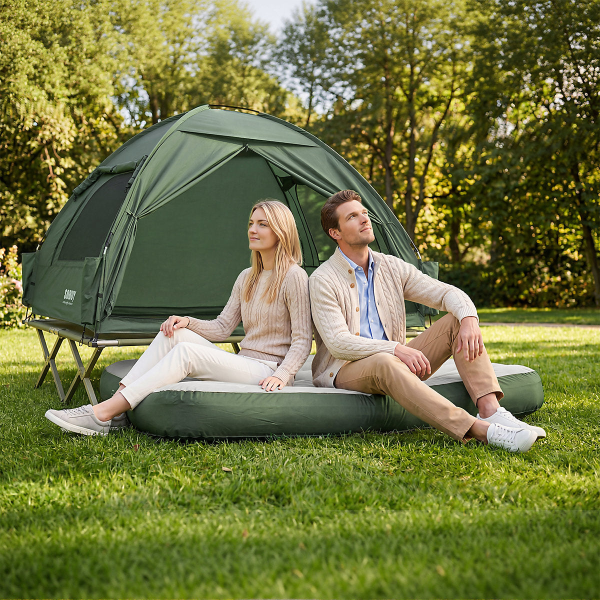 SoBuy Aufblasbare Luftmatratze 191 x 137 x 22 cm – Integrierte Kissen – 150 kg – Grau/Dunkelgrün