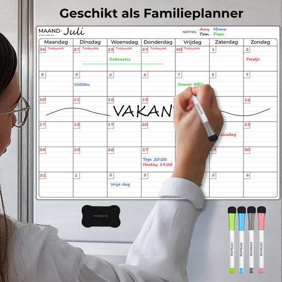 Systemyze Monatsplaner Whiteboard - Magnetische Planungstafel - Magnetischer Wochenplaner - Inklusive Marker & Radiergummi - A3 Format