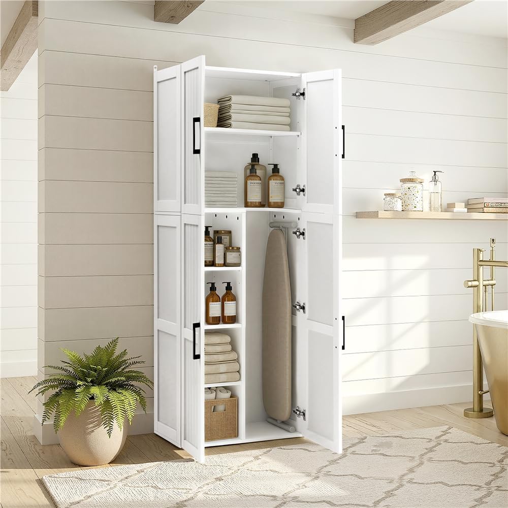 Yaheetech Putzschrank 60 × 37,5 × 175,5 cm – 4 Türen, verstellbare Einlegeböden, weiß