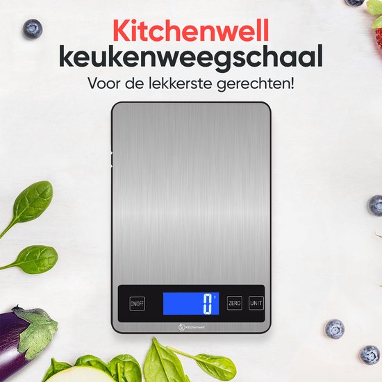 Kitchenwell Digitale Präzisions-Küchenwaage - Küchenwaage - 1gr - 10kg - Tara-Funktion - Grau