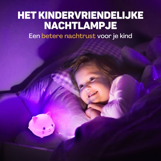 Vulpes Goods® Kinder-Nachtlicht - LED-Licht & 8 Farben - Babyzimmer-Nachtlicht - Katze - USB wiederaufladbar - Dimmer - Timer - Kabellos