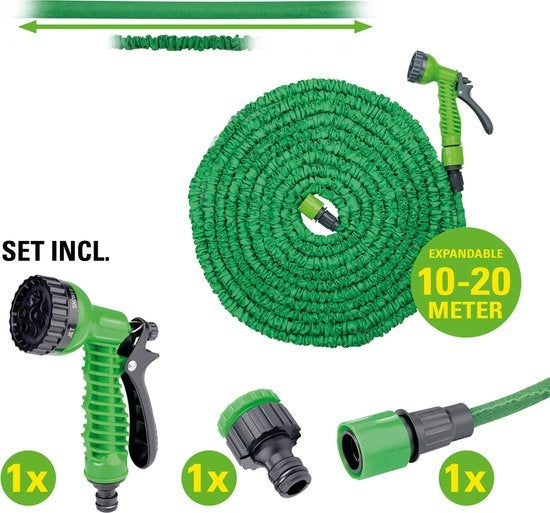 Kinzo Flexibler Gartenschlauch 20M - Inkl. Aufsatz - Düse mit 7 Sprühmodi - Kunststoff - Grün/Grau