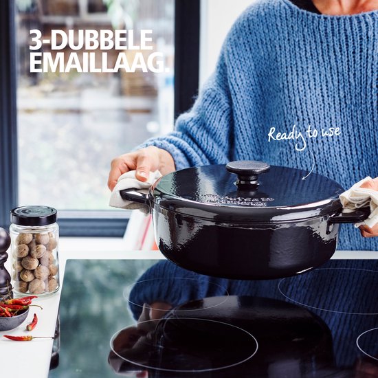 Brabantia The Dutch Oven XL Schmortopf 28cm - Hochwertiges Gusseisen - 100% PFAS frei - Doppelte Antihaftbeschichtung - RETRO - Induktion geeignet - Nachtblau