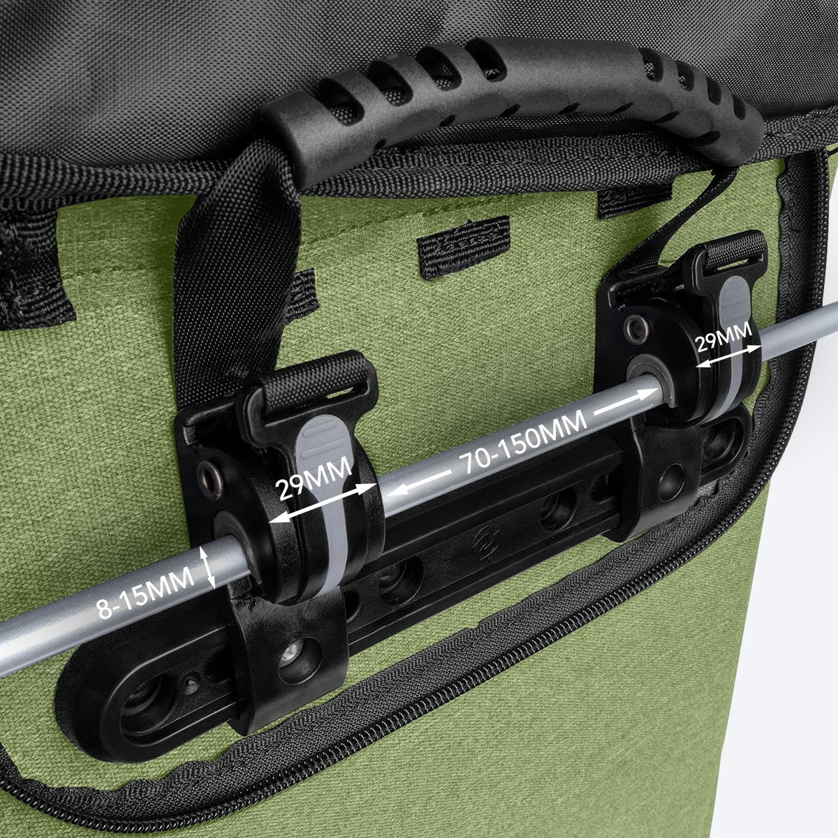 LifeGoods Single Bicycle Bag - Kompakt - Umhängetasche und Rucksack - 25L - Runder Gepäckträger - Wasserdicht - Olivgrün
