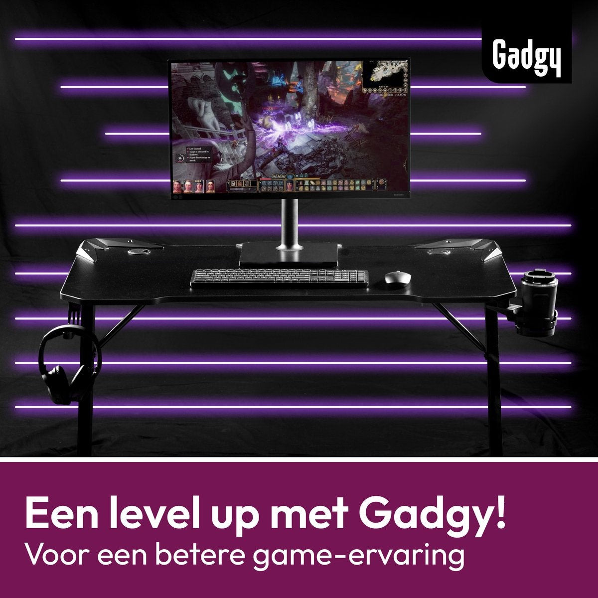 Gadgy Game Desk Carbon - Gaming Desk 110 CM Wide - Gaming Desk mit Carbon Details - Gaming Tisch mit Kopfhörerhalter, Tassenhalter & Kabeltunnel - Level Up Gaming mit Gadgy - Black Carbon