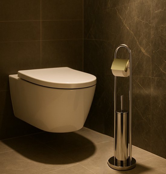 Ceruzo WC-Butler Freistehend - Edelstahl - Glänzend-80 cm - WC-Rollenhalter + Bürste - Luxuriöses Bad-Accessoire