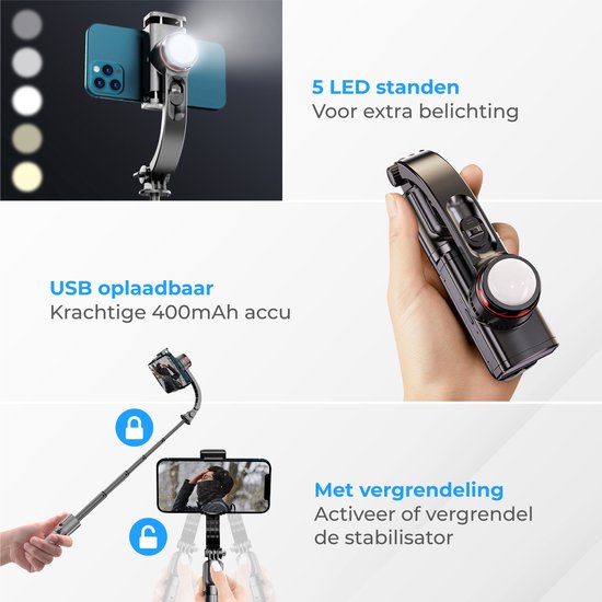 Nuvance - Gimbal Stabilisator für Smartphone - Selfie Stick - mit Stativ und Fernbedienung - Stativ