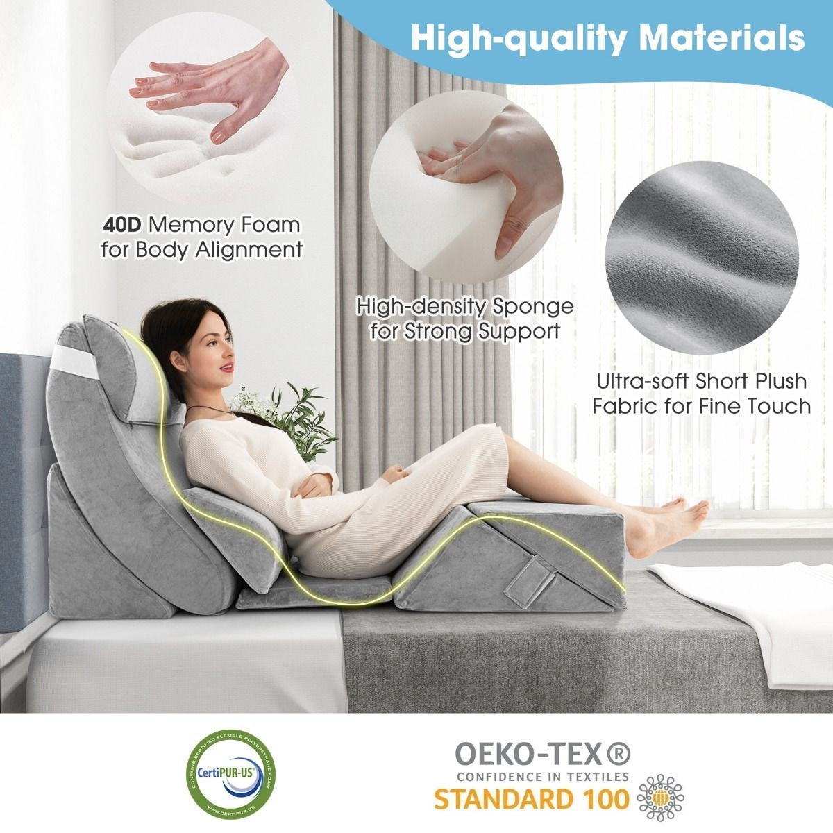 Coast 7er-Set Memory Foam Lesekissen / Orthopädische Kissen / Waschbarer Bezug / Ergonomisch / Grau