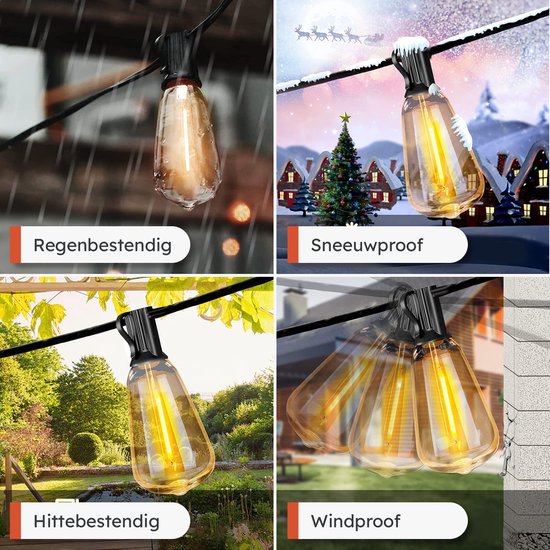 Partizzle 15m LED Lichterkette Edison - 25 Lampen Girlande - Wasserfeste Lichtergirlande für Terrasse und Camping - Weihnachtsbeleuchtung / Gartenbeleuchtung - 2700k / Warmweiß