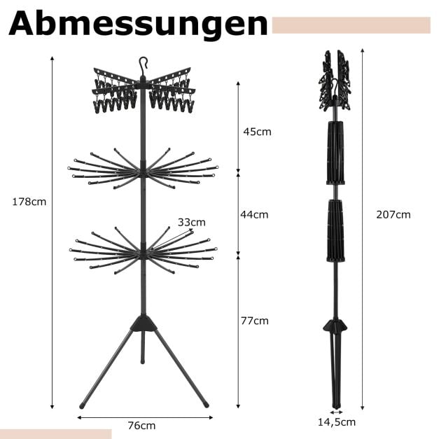 Coast Faltbarer Wäscheständer 3-lagig - Wäscheständer mit 24 Klammern und 32 Stäben 76 x 76 x 178 cm - Schwarz