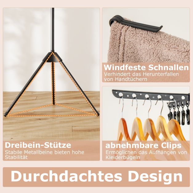 Coast Faltbarer Wäscheständer 3-lagig - Wäscheständer mit 24 Klammern und 32 Stäben 76 x 76 x 178 cm - Schwarz