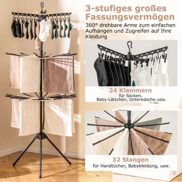 Coast Faltbarer Wäscheständer 3-lagig - Wäscheständer mit 24 Klammern und 32 Stäben 76 x 76 x 178 cm - Schwarz