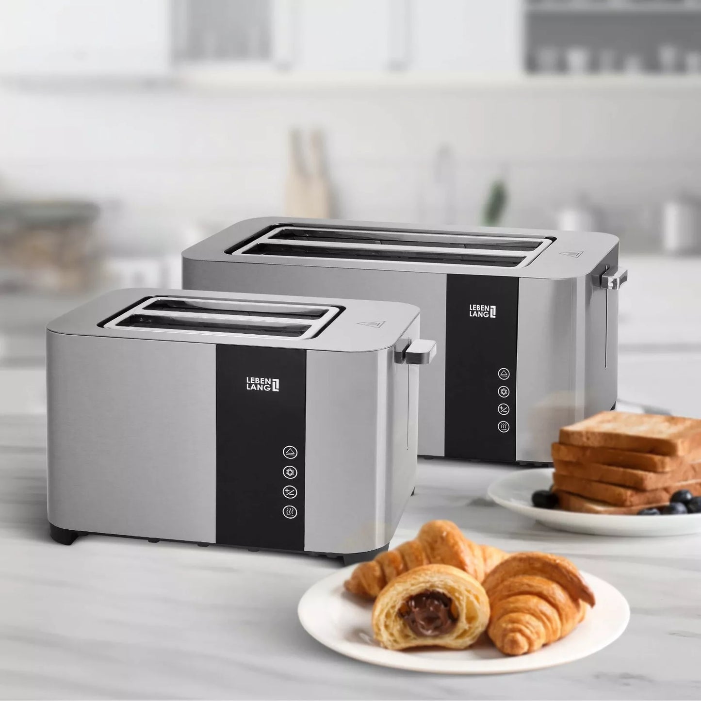 LEBENLANG Toaster - Touchscreen LED-Display - 4 Scheiben mit Brötchenaufsatz - 7 Bräunungsstufen - 1400 W - Silber