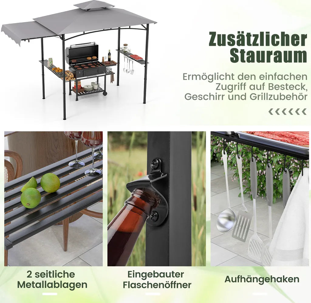 Coast wetterfester Grillpavillon 318 × 153 × 250 cm – Grillüberdachung mit Seitenmarkise, Doppeldach, Seitentischen, Haken und Flaschenöffner – Grau/Schwarz