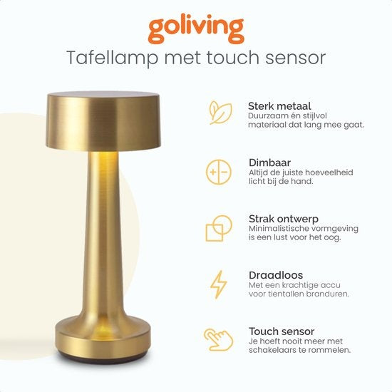 Goliving Tischlampe Wiederaufladbar - Kabellos und dimmbar - Moderne Touch-Lampe - Nachtlampe für das Schlafzimmer - 21 cm - Gold
