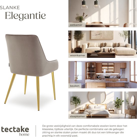 tectake® Esszimmerstuhl Avane - Samtoptik - Ergonomischer Polsterstuhl mit goldenen Stahlbeinen - Belastbarkeit 120 kg - Moderner Esszimmer- und Küchenstuhl - 2er Set - Taupe