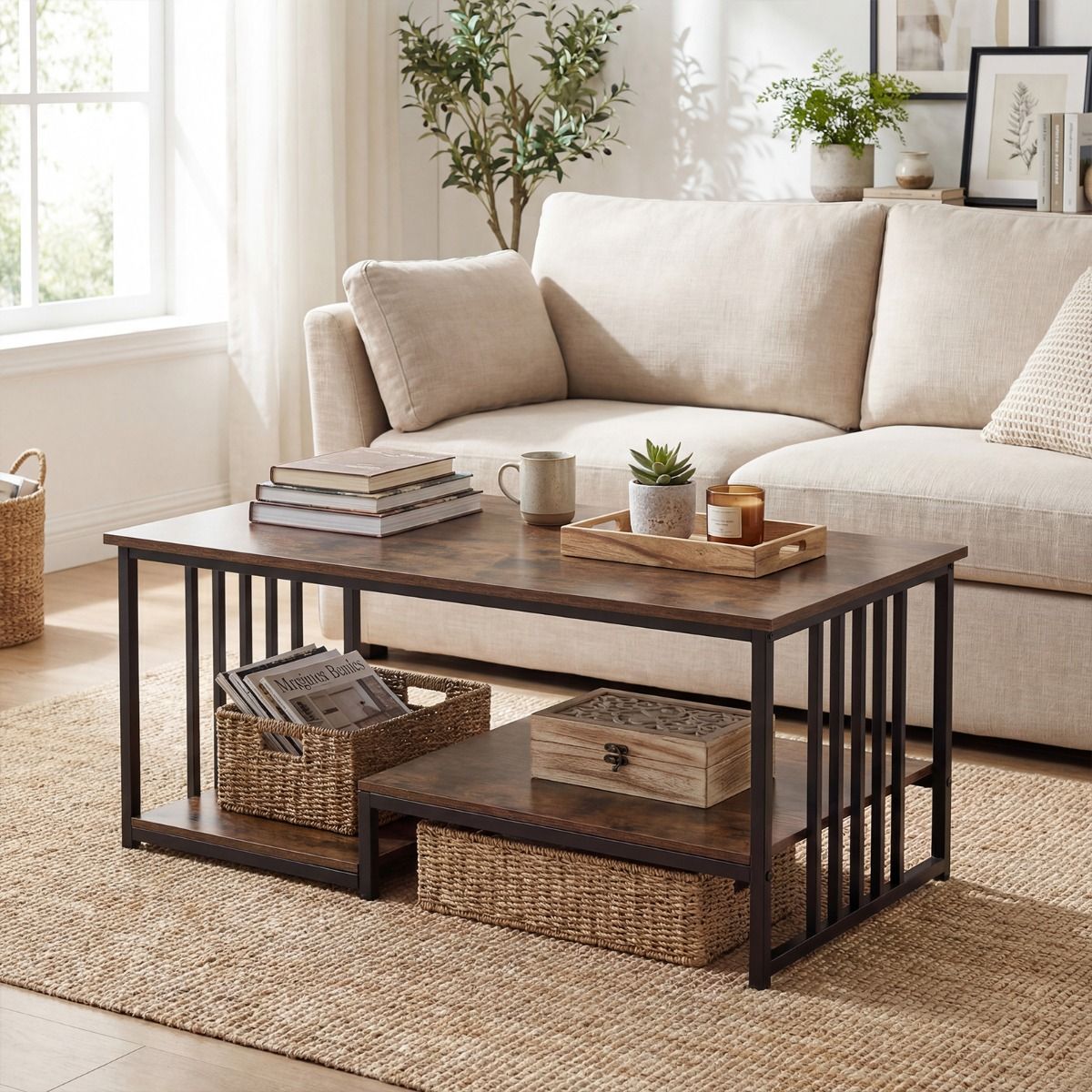 Coast Couchtisch – rechteckig – 2 Ablageflächen – rustikales Braun/Schwarz – 110 x 60 x 45 cm