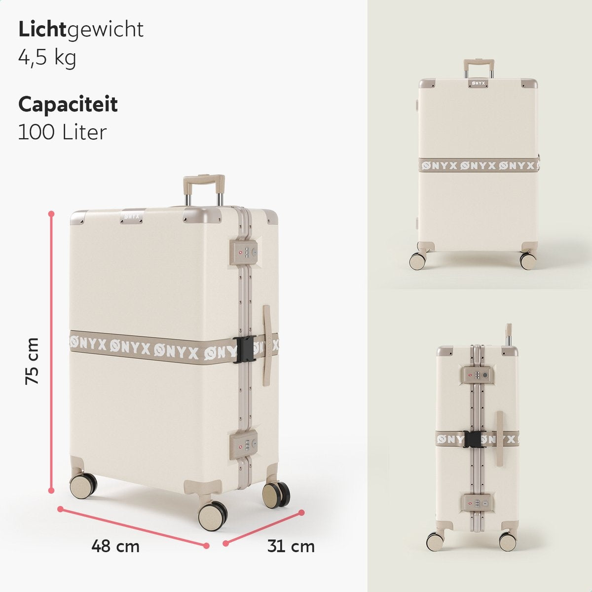 ONYX® - Check-in Koffer 100L - TSA-Schloss - Spinner-Räder - Leichter Trolley - Aluminiumverschluss - Sandweiß