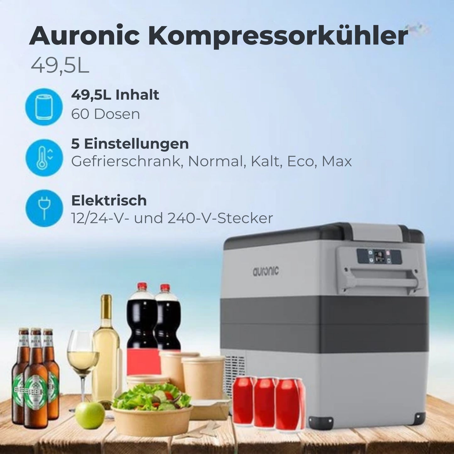 Auronic Electric Compressor Cooler - 49.5L - Autoladegerät 12V Steckdose 230V - Grau