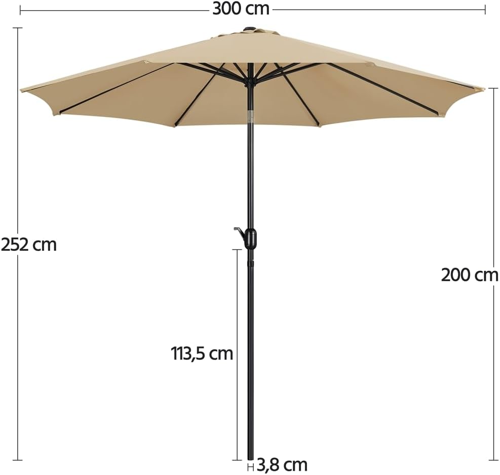 Gartenschirm 300 cm mit 8 Streben, Kurbel und Belüftungsöffnung, khaki