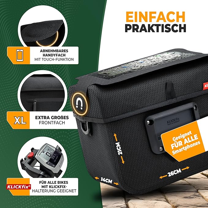 MIVELO Lenkertasche - 100% Wasserdicht & mit Handytasche - 7 Liter - Schwarz Reflektierend