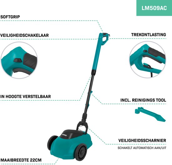 VONROC Mini-Elektrorasenmäher - 350W - 22 cm - Mähen und Mulchen in einem - Drei einstellbare Schnitthöhen: 30mm, 40mm, 50mm - Inkl. Reinigungswerkzeug