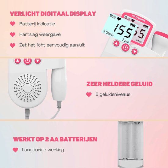 Vulpes Goods® BabyCare - Doppler Baby PRO - Baby-Herzmonitor - Fetal-Doppler - Herzschlag-Baby-Doppler - Echo-Gerät - Schwangerschaftsgeschenk - Pink - Inkl. Ultraschall-Gel und Ohrstöpsel