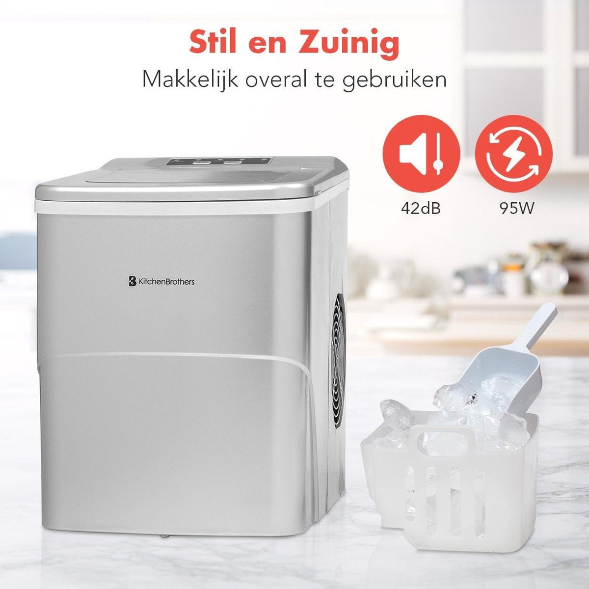 KitchenBrothers - Eiswürfelmaschine - 2 Liter - 6-8 Min. - 12kg/24h - mit Eisportionierer - Silber
