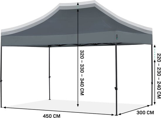 VONROC Partyzelt – 3 x 4,5 m – Premium-Easy-Up-Partyzelt – Modulares Design – Zusammenklappbar – Wasserdicht – Stahlrahmen – UV-Schutz 50+ – Inkl. Aufbewahrungstasche – Grau