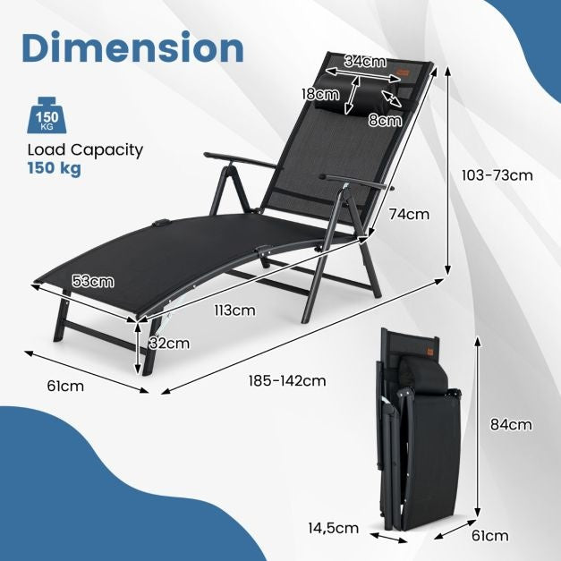 Coast Sun Lounger Gartenliege mit Kopfstütze 7 verstellbare Rückenlehnen schwarz