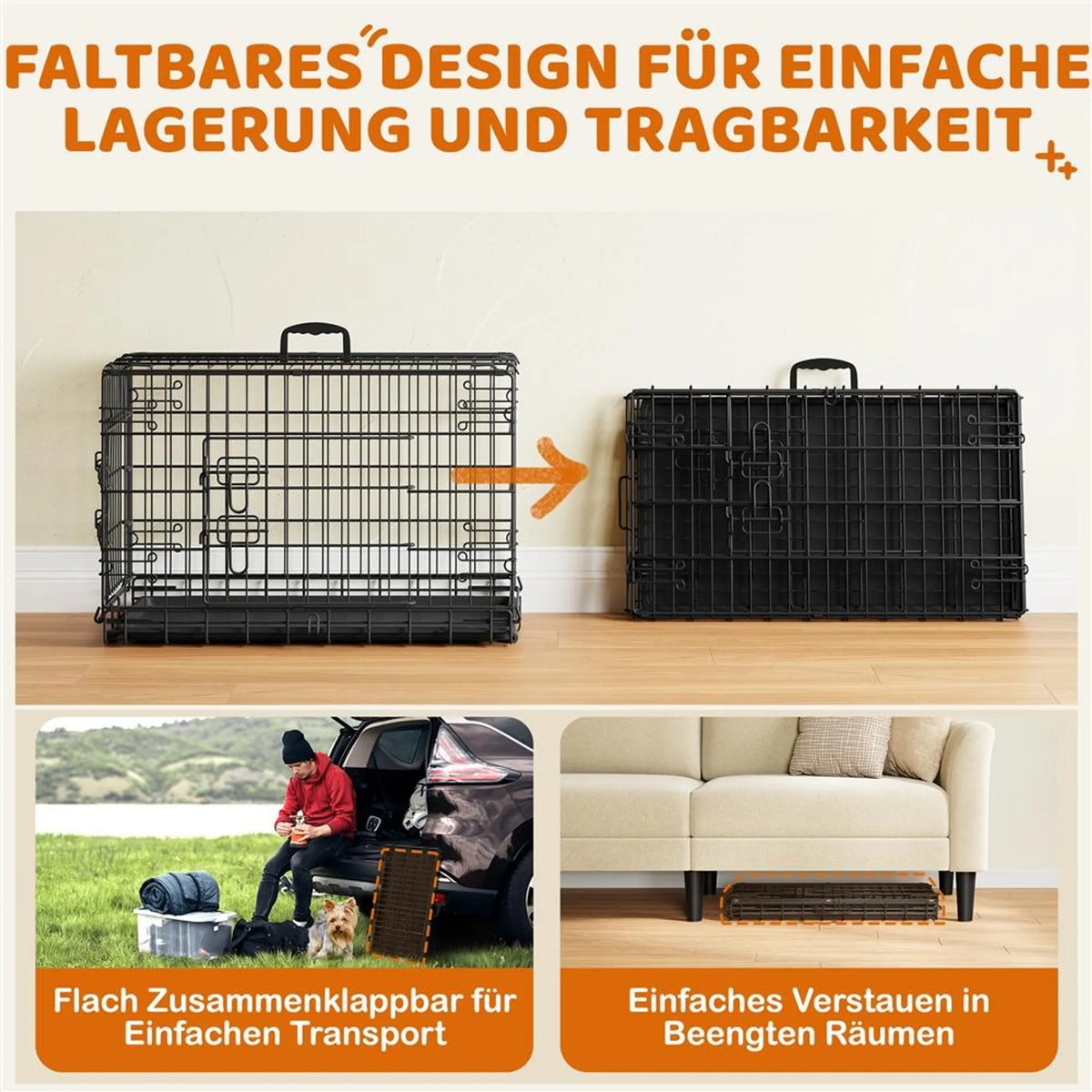 Yaheetech Faltbare Hundebank - 76 x 45 x 51 cm - Mit Trennwand und abnehmbarer Bodenplatte und Doppeltür - Für kleine Hunde - Schwarzes Metall und Kunststoff