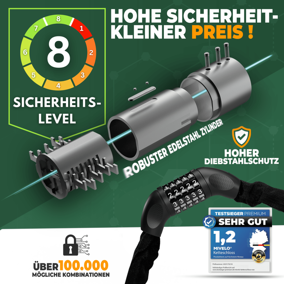 MIVELO Fahrradkette - Mit Zahlenschloss - Safe & Universal - 90 cm - Stahl - Schwarz