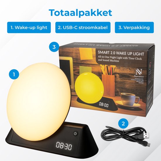 Nuvance Wake up light - Digitaler Wecker - Nachtlicht - Schlafzimmer - Schlaftrainer - mit Sounds - Lautsprecher - Sprachgesteuert
