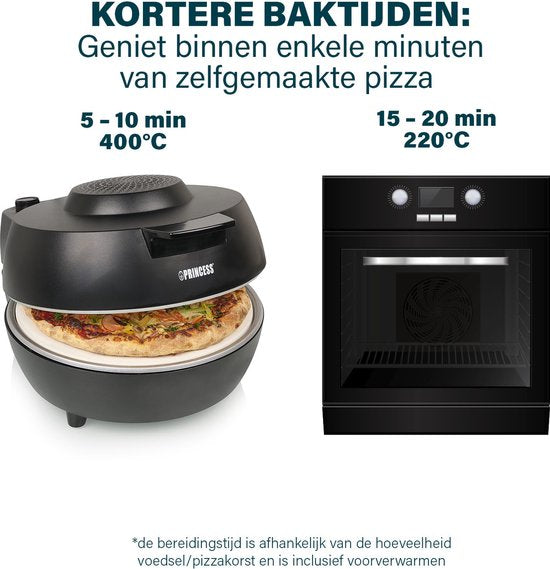 Princess 115005 Pizzaofen – Pizzabacker und Ofen – Einstellbarer Thermostat und Timer – 1200 W – Keramik-Pizzastein – 410 Grad – Durchmesser 30 cm – Schwarz