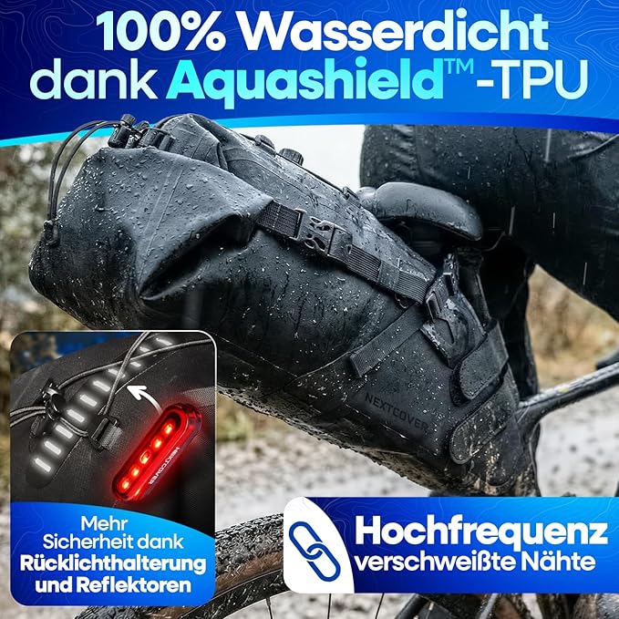 Nextcover Bikepacking-Satteltasche 12 l – AquaShield TPU – Wasserdicht – Schwarz